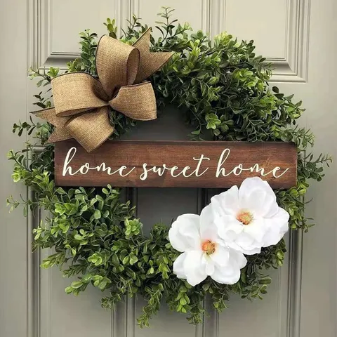 Artificial Eucalyptus Wreath Home Sweet Home Wood Sign Burlap Bow White Flowers Front Door Rustic Farmhouse Wall Decor