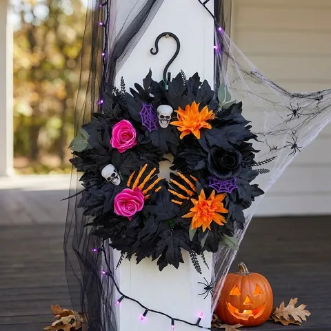 Ghirlanda di Halloween Foglia Nera Fiore Artificiale Teschio Scheletro Spettrale Porta Appesa Ghirlanda Festa Decorazioni Casa