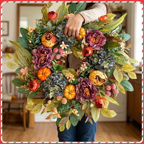 Autumn Wreath Halloween Thanksgiving Pumpkin Berry Hydrangea Wreath For Front Door Decor Harvest Festival Garland Home Party Ornaments