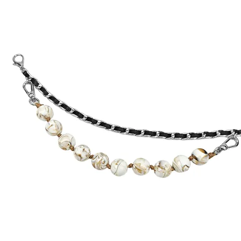 Women's Elegant Metal Woven Chain Waist Belt With Pearl Pendant Marble Texture Beads Classic Style Dress Accessory