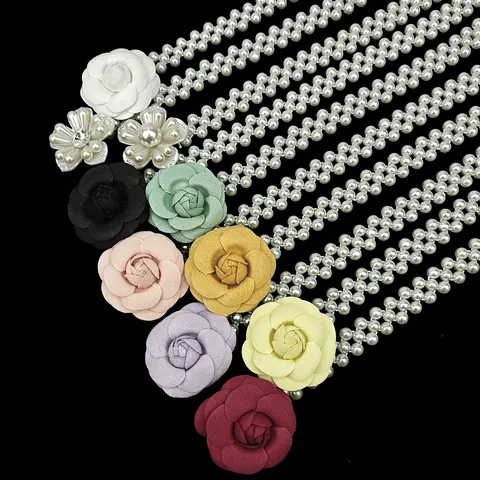 French Camellia Artificial Pearl Elastic Waist Chain For Women Sweet Decorative Cinch Belt For Dress Elegant High-End Jewelry Accessory