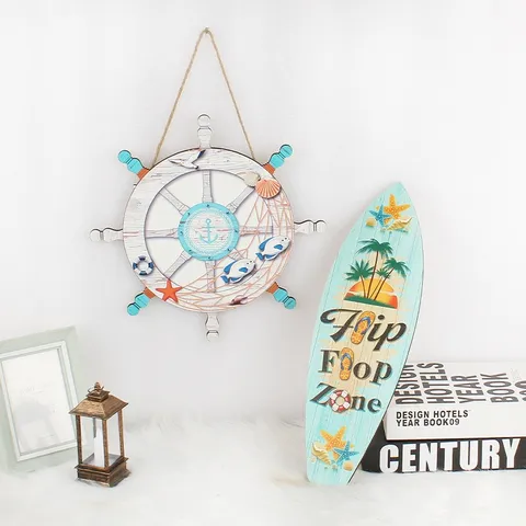 Wooden Surfboard Steering Wheel Wall Hanging Mediterranean Nautical Decorative Sign Home Decor Beach Theme Wooden Wall Art