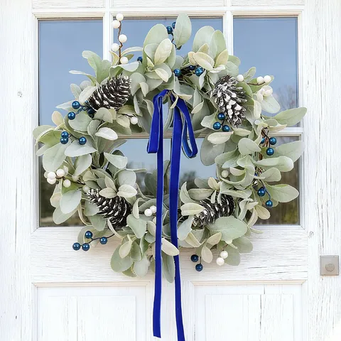 Artificial Lambs Ear Pinecone Wreath With Blue Berries Velvet Ribbon Christmas Thanksgiving Door Decoration Home Wreath