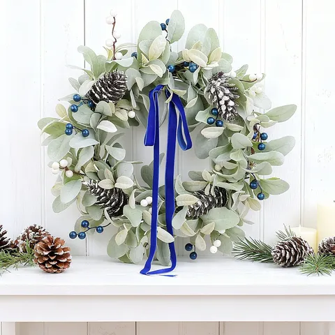 Artificial Lambs Ear Pinecone Wreath With Blue Berries Velvet Ribbon Christmas Thanksgiving Door Decoration Home Wreath