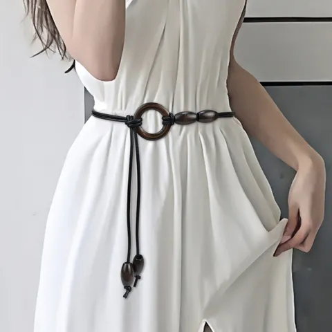 Chaîne de Taille en Cuir PU Nouée pour Femme Avec Décoration en Perles de Bois pour Robes Manteaux Ceinture Fine à la Mode