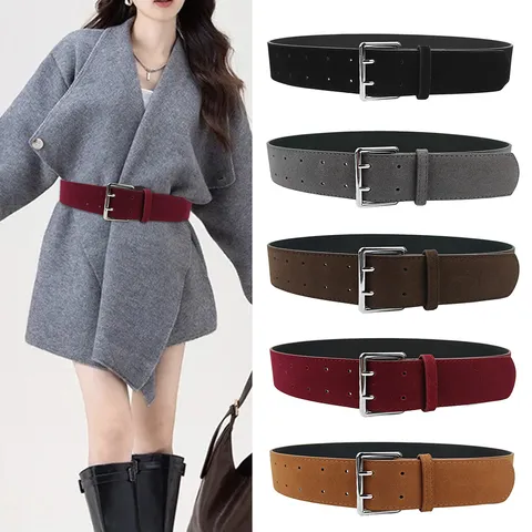 Cintura Larga da Donna in Ecopelle Scamosciata Cinturino Vintage Smerigliato Con Doppia Fibbia ad Ardiglione per Cappotto Vestito Jeans Accessori Moda