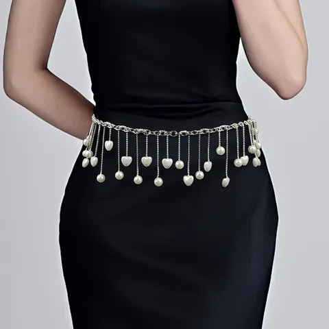 Fashion Tassel Artificial Pearl Waist Chain For Women Heart Pendant Metal Link Belt For Dress Banquet Belly Dance Jewelry