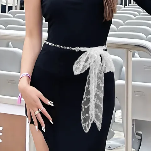 Women's Elegant Lace Tie-Up Waist Chain Metal Artificial Pearl Bead Belt Tassel Bow Decorative Belt For Dress Accessories