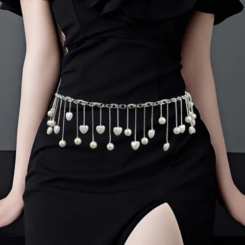 Fashion Tassel Artificial Pearl Waist Chain For Women Heart Pendant Metal Link Belt For Dress Banquet Belly Dance Jewelry