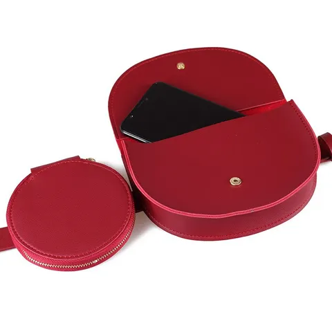 Juego de Cinturón de Mujer de Cuero Artificial con Doble Sub-bolsa Semicírculo y Redonda Rojo Negro Cinturón Riñonera Decorativo