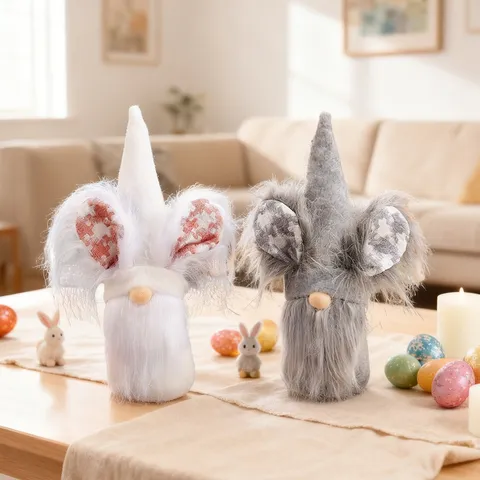 Easter Gnome Faceless Doll Rabbit Ears Gnome Figurines Handmade Plush Elf Ornament Home Table Decor Gift Plaid Hat Gnome