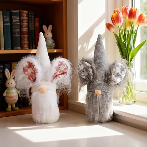 Easter Gnome Faceless Doll Rabbit Ears Gnome Figurines Handmade Plush Elf Ornament Home Table Decor Gift Plaid Hat Gnome