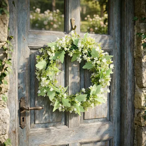 Couronne de Feuilles D'eucalyptus Artificielles Avec Petites Fleurs Blanches Couronne de Jardin Printemps Été pour Porte D'entrée Décoration Murale de Cour Couronne en Rotin