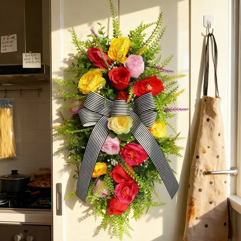 Artificial Flower Door Swag With Striped Butterfly Bow Rustic Floral Door Wreath For Front Door Wall Hanging Home Decor