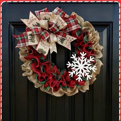Amerikanischer Landhausstil Weihnachts-Jute-Kranz Mit Schneeflocke Schleife Rot Grün Netzband Für Haustür Haus Party Dekoration Merry Christmas Girlande