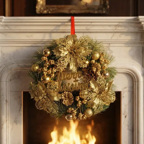 Golden Christmas Wreath With Artificial Pine Branches Sequin Flowers Pinecones Merry Christmas Sign Luxury Holiday Front Door Hanging Wall Decor