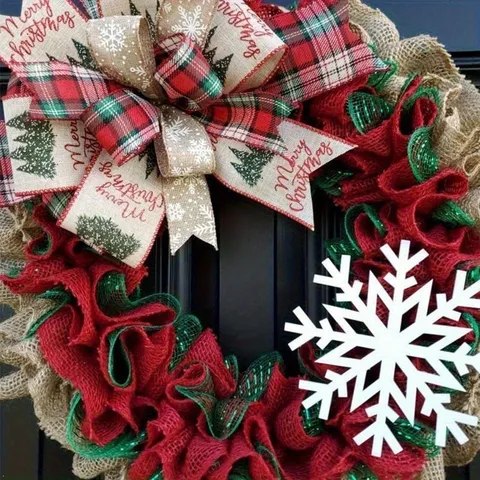 Amerikanischer Landhausstil Weihnachts-Jute-Kranz Mit Schneeflocke Schleife Rot Grün Netzband Für Haustür Haus Party Dekoration Merry Christmas Girlande