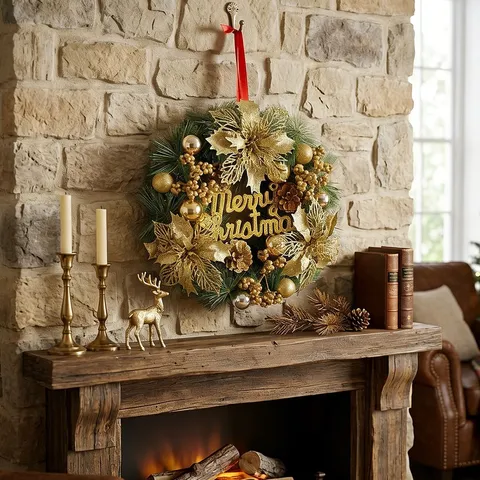 Golden Christmas Wreath With Artificial Pine Branches Sequin Flowers Pinecones Merry Christmas Sign Luxury Holiday Front Door Hanging Wall Decor