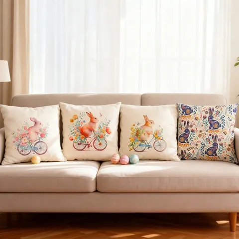 Easter Bunny Throw Pillow Cover Watercolor Floral Rabbit Bicycle Print Cotton Linen Cushion Case For Sofa Home Decor
