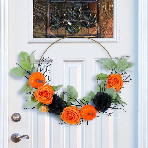 Halloween Pumpkin Rose Wreath Golden Iron Frame Artificial Orange Black Floral Garland For Home Wall Window Hanging Decoration Party