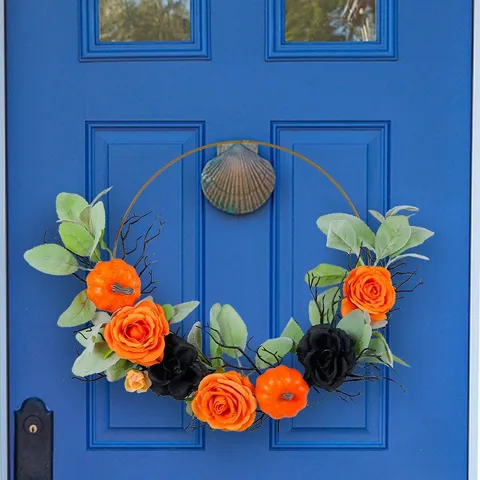 Halloween Pumpkin Rose Wreath Golden Iron Frame Artificial Orange Black Floral Garland For Home Wall Window Hanging Decoration Party