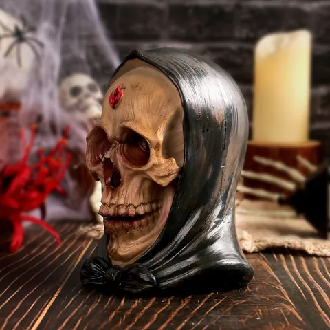 Adorno de Calavera con Capucha de Halloween Estatua de Calavera de Resina Gótica Decoración de Terror Casa Embrujada Figura de Calavera