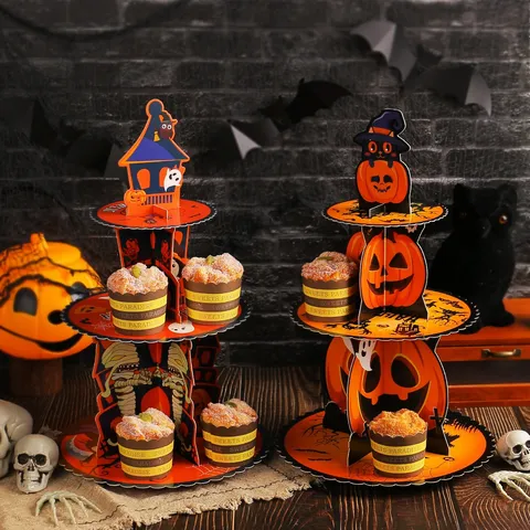 Halloween Pumpkin Haunted House 3D Paper Cupcake Stand Multi Layer Dessert Tray Christmas Santa Reindeer Party Table Decorations Paper Cake Display Stand