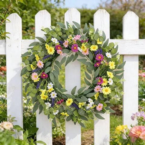 Spring Wildflower Wreath Artificial Eucalyptus Daisy Flower Wreath For Front Door Home Wall Hanging Seasonal Decor Gift
