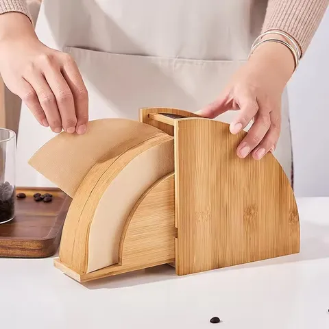 Soporte para Filtro de Café de Madera Estilo Japonés Estante de Almacenamiento de Papel de Filtro Con Tapa Antipolvo en Forma de Abanico
