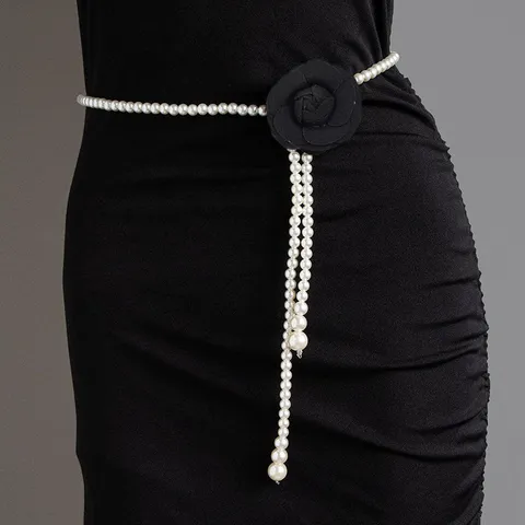 Women Elegant Camellia Artificial Pearl Waist Chain Simple Versatile Alloy Rhinestone Belt For Dress Sweater Luxury Fashion Accessory