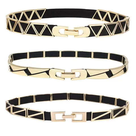 Women Elastic Waist Belt Gold Geometric Metal Buckle Decorative Waist Seal Cinch Belt For Dresses Shirts European Style Fashion Accessory