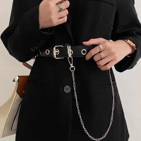 Y2K Punk PU Leather Belt For Women With Metal Chain Grommet Eyelet Decorative Jeans Waistband Casual Fashion Belt Adjustable Pin Buckle