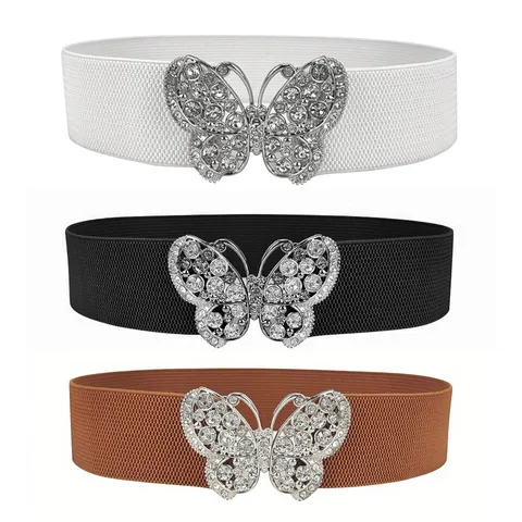 Fashion Women Elastic Waist Belt With Sparkling Rhinestone Butterfly Buckle Versatile Corset Belt For Dresses And Sweaters