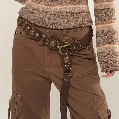Vintage American Western Women Wide Belt Punk Rivet Metal Buckle Eyelet Splicing Y2K Hot Girl PU Waist Belt Streetwear Accessory
