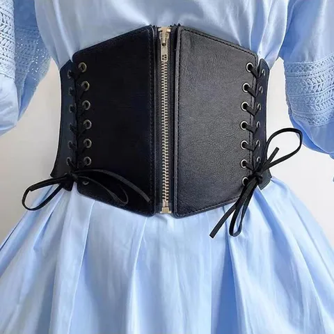 Women Punk Style Ultra Wide Elastic Corset Belt Retro Lace-up Faux Leather Waist Belt With Metal Zipper Buckle Rivets Decorative Waistband For Dresses Shirts Coats