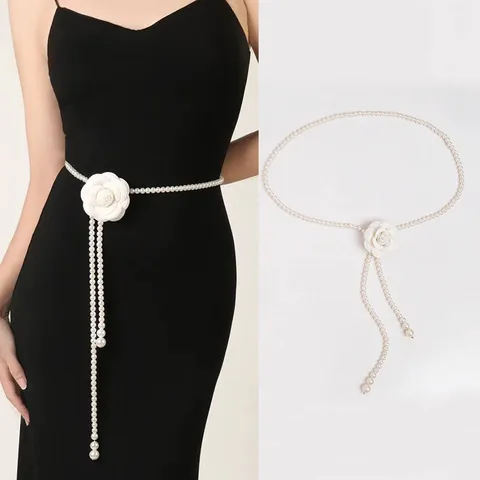 Women Elegant Camellia Artificial Pearl Waist Chain Simple Versatile Alloy Rhinestone Belt For Dress Sweater Luxury Fashion Accessory