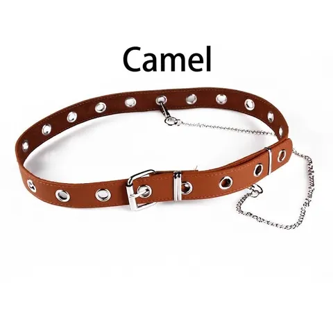 Y2K Punk PU Leather Belt For Women With Metal Chain Grommet Eyelet Decorative Jeans Waistband Casual Fashion Belt Adjustable Pin Buckle