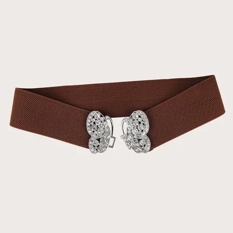 Fashion Women Elastic Waist Belt With Sparkling Rhinestone Butterfly Buckle Versatile Corset Belt For Dresses And Sweaters