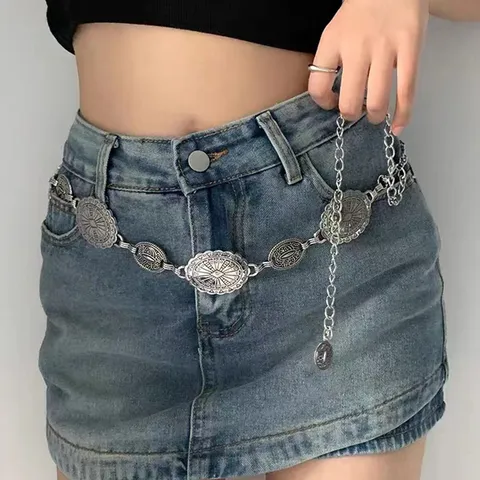 Bohemian Ethnic Metal Waist Chain For Women Vintage Alloy Relief Relief Carving Long Chain Belt For Dress Jeans Fashion Accessories