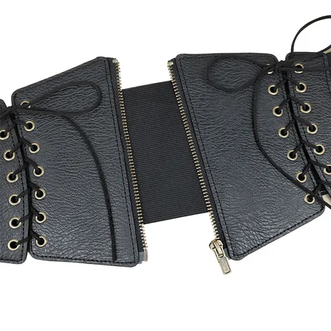Women Punk Style Ultra Wide Elastic Corset Belt Retro Lace-up Faux Leather Waist Belt With Metal Zipper Buckle Rivets Decorative Waistband For Dresses Shirts Coats