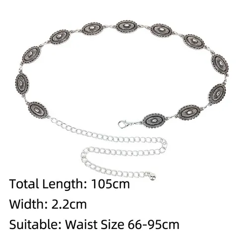 Bohemian Ethnic Metal Waist Chain For Women Vintage Alloy Relief Relief Carving Long Chain Belt For Dress Jeans Fashion Accessories
