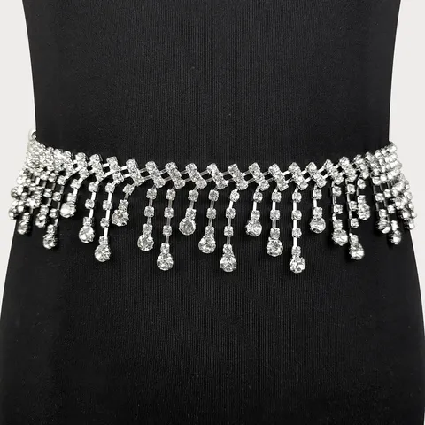 Belly Dance Waist Chain Tassel Raindrop Rhinestone Body Chain Women Silver Alloy Dance Practice Daily Skirt Jewelry