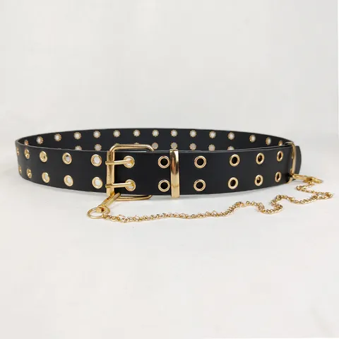 Women Punk Grommet Belt With Chain Hip Hop Street Style PU Leather Waist Strap Double Row Eyelets Belt For Jeans Pants