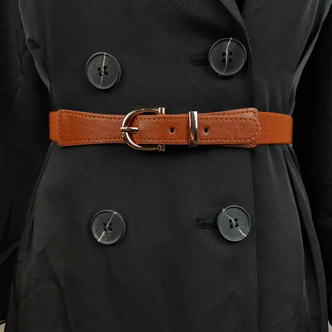 Women Vintage Elastic Thin Belt PU Leather Alloy Pin Buckle Minimalist Fashion Commuting Waistband For Dresses Jeans Women