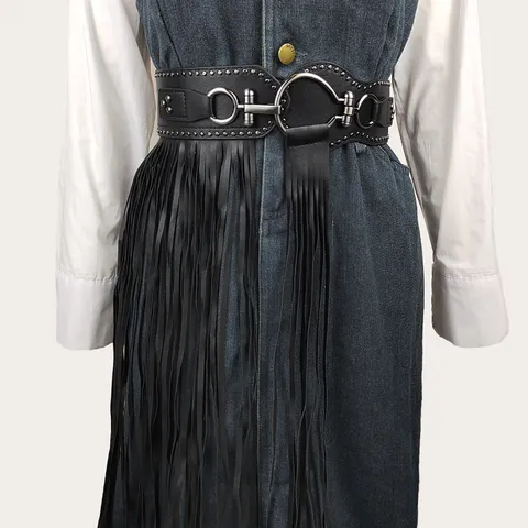 Women Punk Faux Leather Waist Cincher Belt Long Fringe Tassel Skirt Corset Belt With Silver Rivets Ring Buckle Fashion Accessories Black