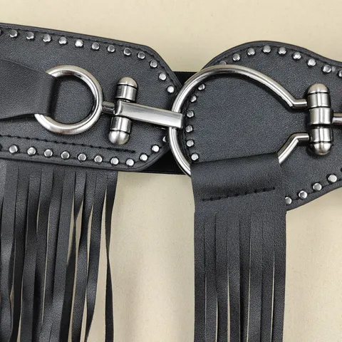 Women Punk Faux Leather Waist Cincher Belt Long Fringe Tassel Skirt Corset Belt With Silver Rivets Ring Buckle Fashion Accessories Black