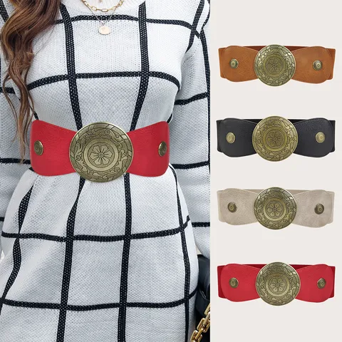 Vintage Round Plate Buckle Elastic Cinch Belt For Women PU Leather Floral Embossed Wide Waist Band For Suit Dress Accessories