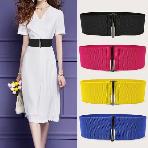 Women's Elastic Wide Belt For Dress Simple Versatile Waist Seal Stretchy Cinch Belt With Metal Buckle Fashion Accessory
