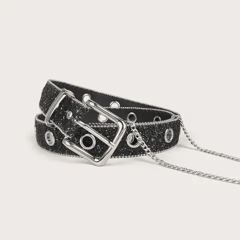 Women Shiny Sequin Belt With Metal Eyelets Decorative Side Chain Y2K Spicy Girl Style PU Alloy Pin Buckle Waist Belt For Jeans Skirt