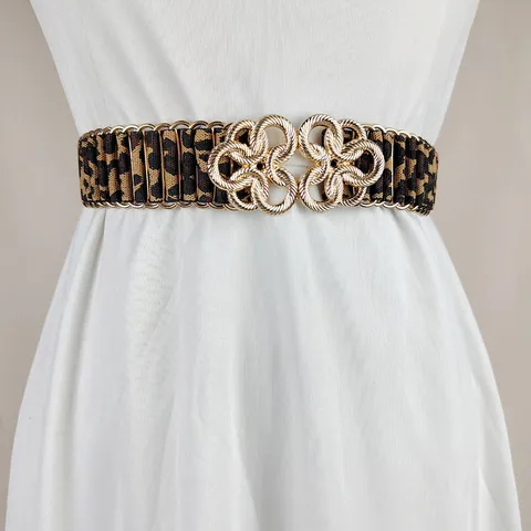Women Elastic Belt Leopard Print Alloy Chinese Knot Metal Buckle Fashion Versatile Waistband Dresses Accessory Metal Belt